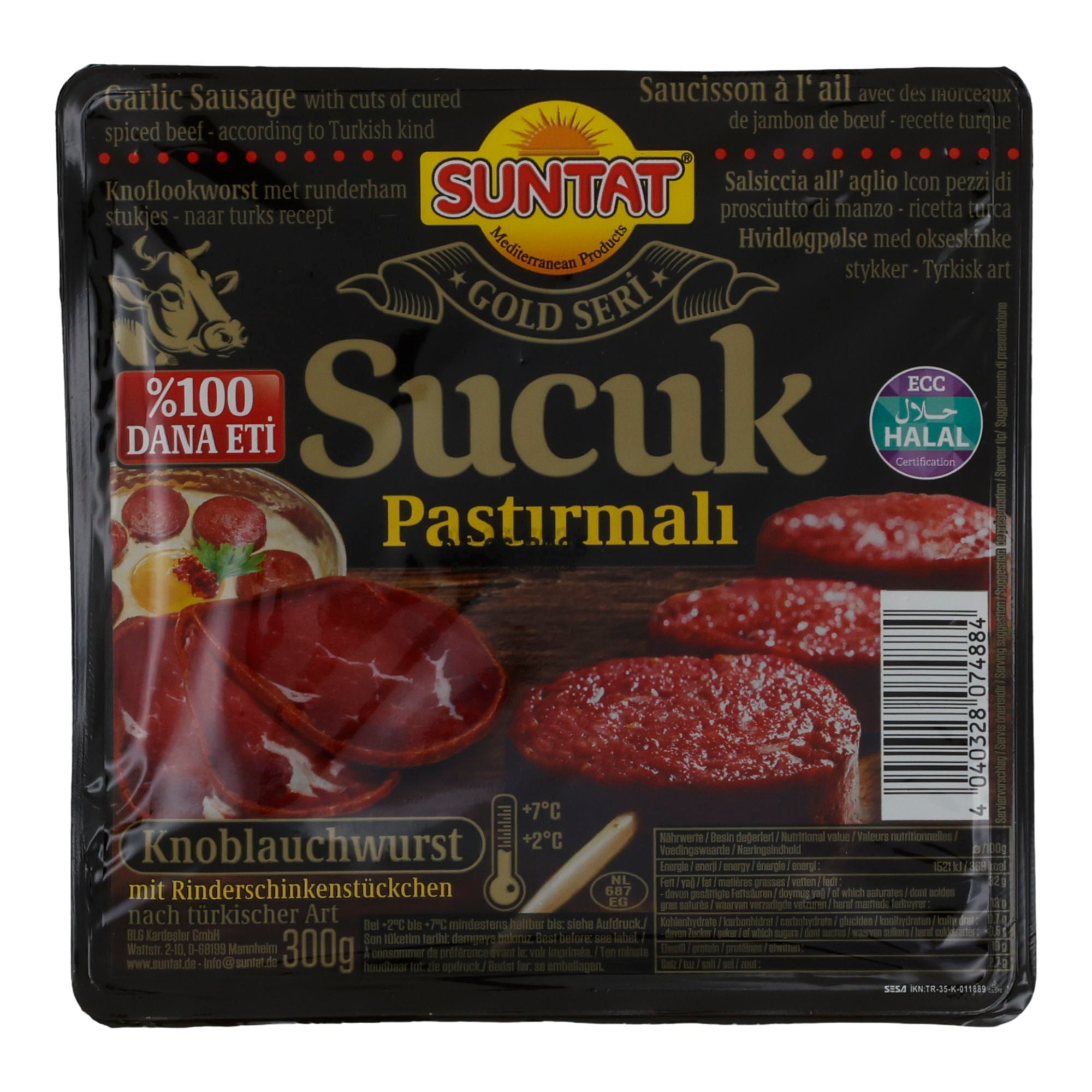 Knoblauchwurst Suntat | Sucuk Pastırmalı | Halal, mit Rinderschinken | 300 g SUNTAT